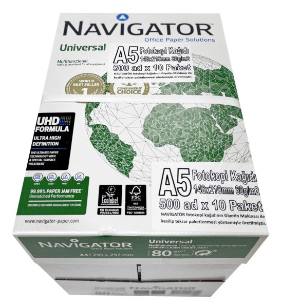 A5 (148x210mm) NAVİGATÖR YARIM BOY FOTOKOPİ KAĞIDI 500 Ad x 10 PAKET